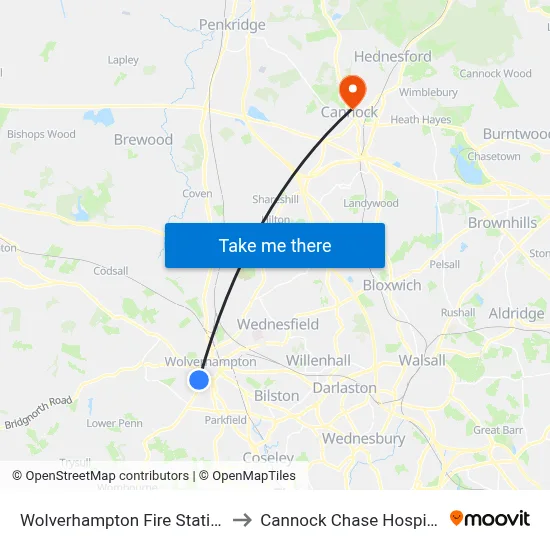 Wolverhampton Fire Station to Cannock Chase Hospital map