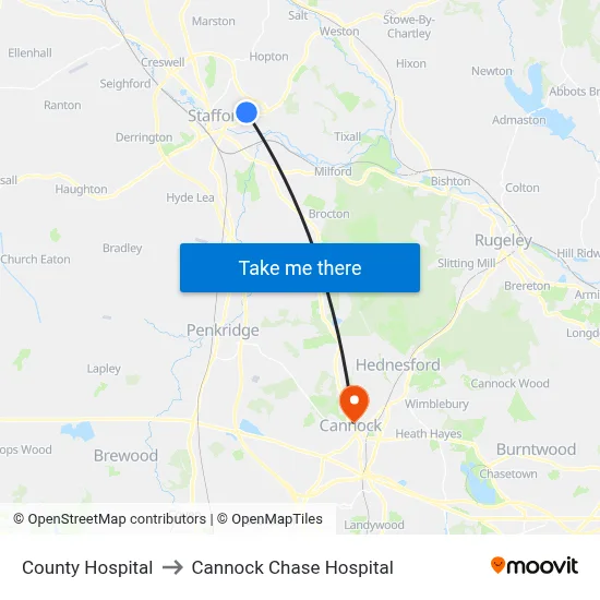 County Hospital to Cannock Chase Hospital map