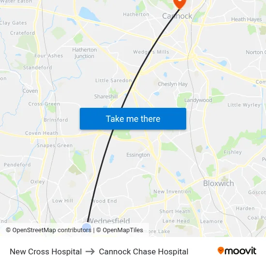 New Cross Hospital to Cannock Chase Hospital map