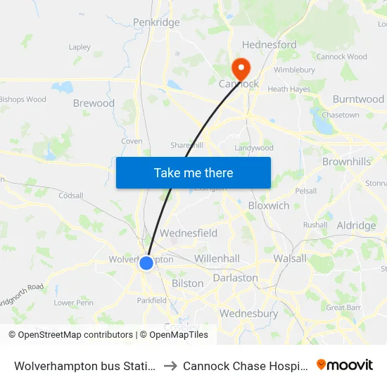 Wolverhampton bus Station to Cannock Chase Hospital map