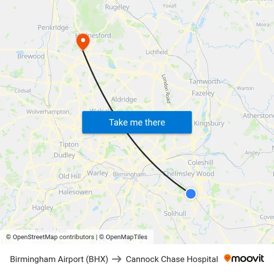 Birmingham Airport (BHX) to Cannock Chase Hospital map