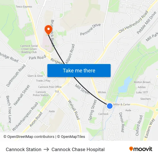 Cannock Station, Girton Road Cannock Cannock WS11 0 to Cannock Chase Hospital map