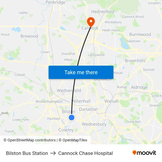 Bilston Bus Station to Cannock Chase Hospital map