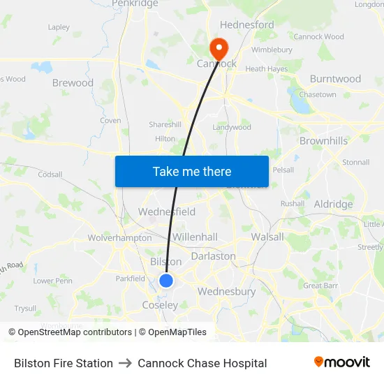 Bilston Fire Station to Cannock Chase Hospital map