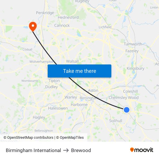 Birmingham International to Brewood map