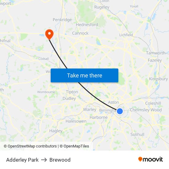 Adderley Park to Brewood map