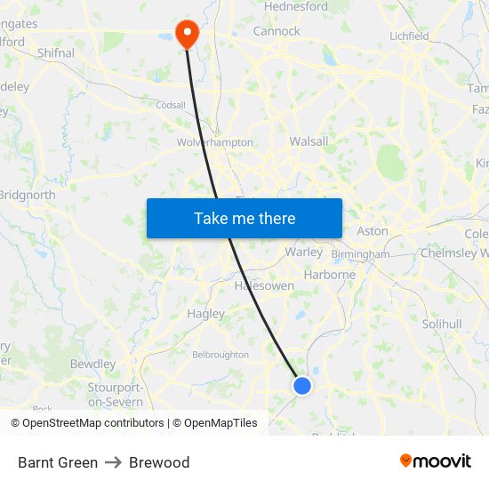 Barnt Green to Brewood map