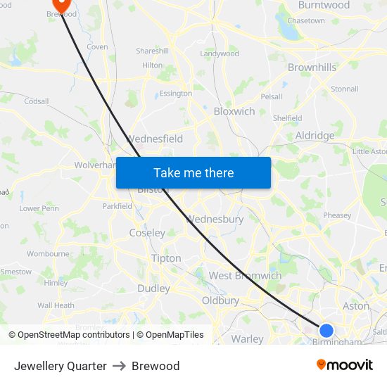 Jewellery Quarter to Brewood map