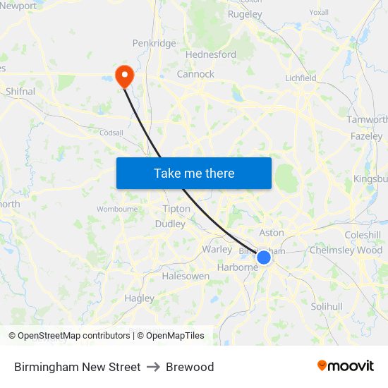 Birmingham New Street to Brewood map
