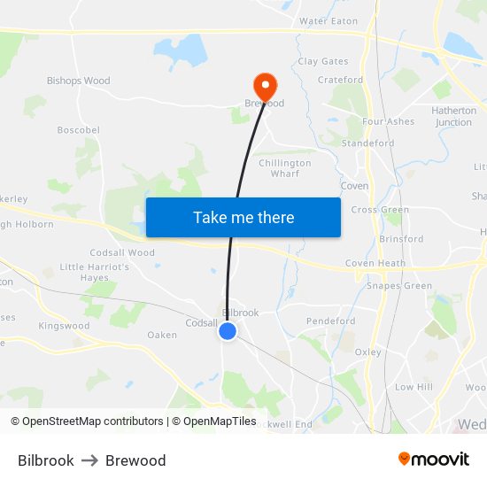 Bilbrook to Brewood map