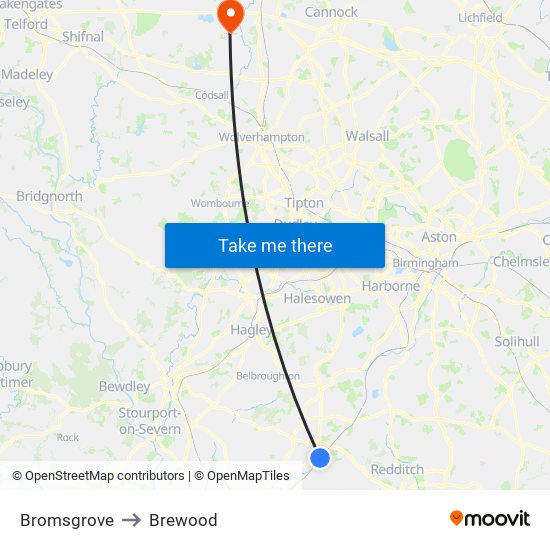 Bromsgrove to Brewood map