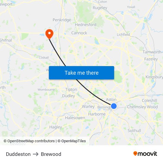 Duddeston to Brewood map