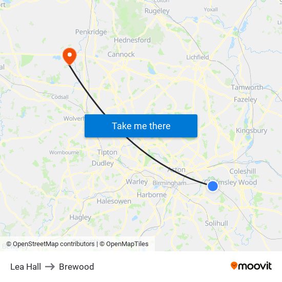 Lea Hall to Brewood map