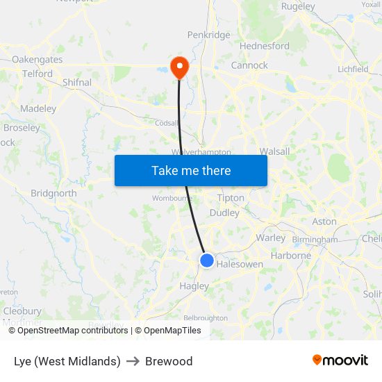 Lye (West Midlands) to Brewood map