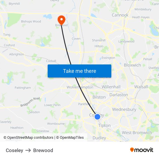 Coseley to Brewood map