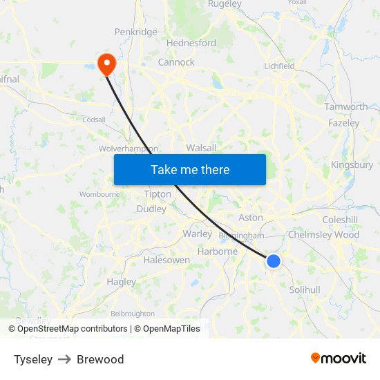 Tyseley to Brewood map