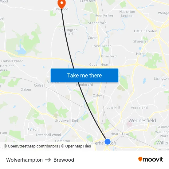 Wolverhampton to Brewood map