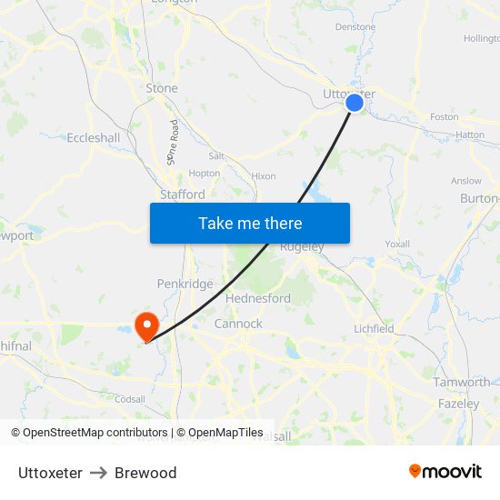 Uttoxeter to Brewood map