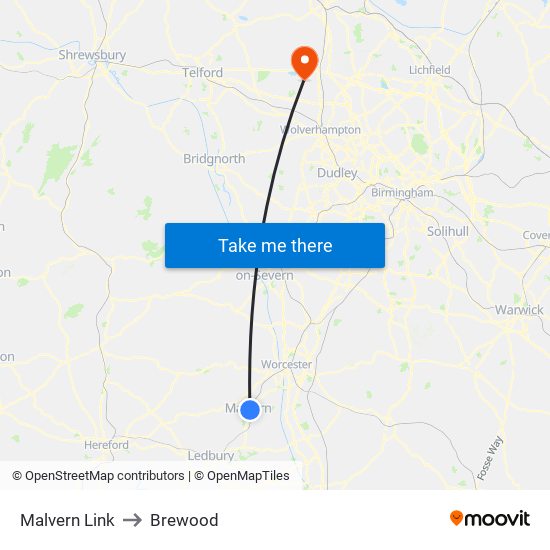 Malvern Link to Brewood map