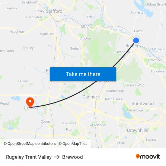 Rugeley Trent Valley to Brewood map