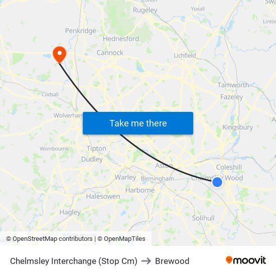 Chelmsley Interchange (Stop Cm) to Brewood map