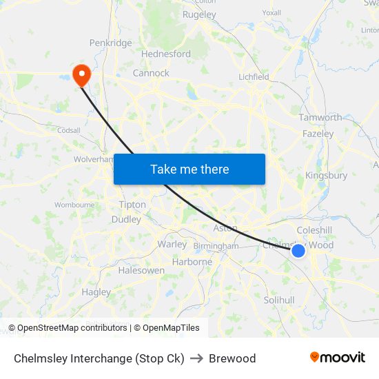 Chelmsley Interchange (Stop Ck) to Brewood map