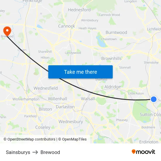 Sainsburys to Brewood map