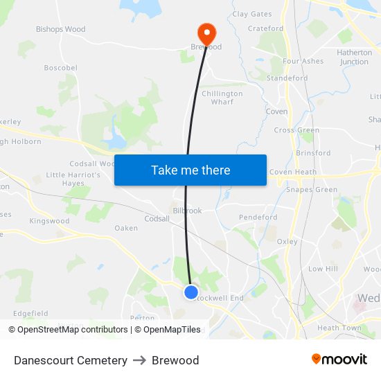 Danescourt Cemetery to Brewood map