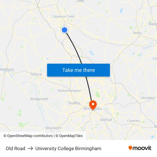 Old Road to University College Birmingham map