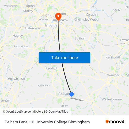 Pelham Lane to University College Birmingham map