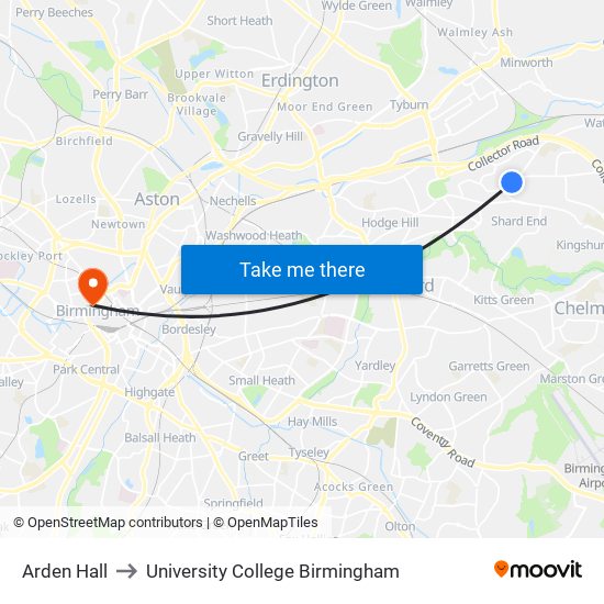 Arden Hall to University College Birmingham map