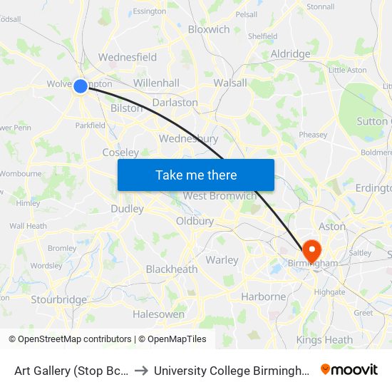 Art Gallery (Stop Bc1) to University College Birmingham map