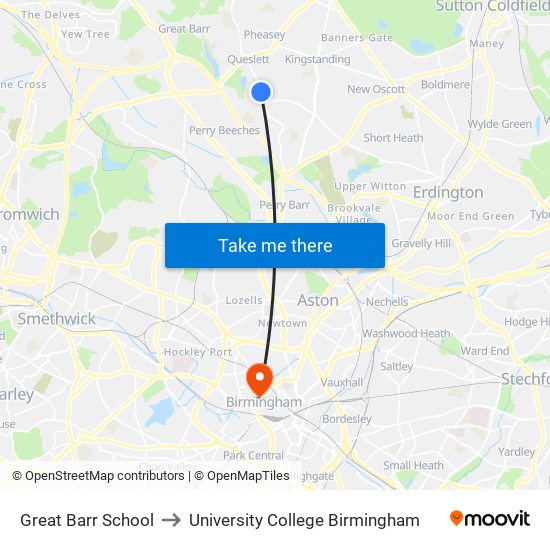 Great Barr School to University College Birmingham map