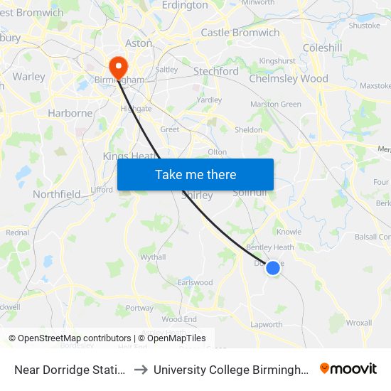 Near Dorridge Station to University College Birmingham map