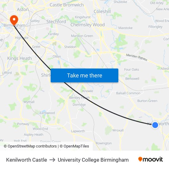 Kenilworth Castle to University College Birmingham map