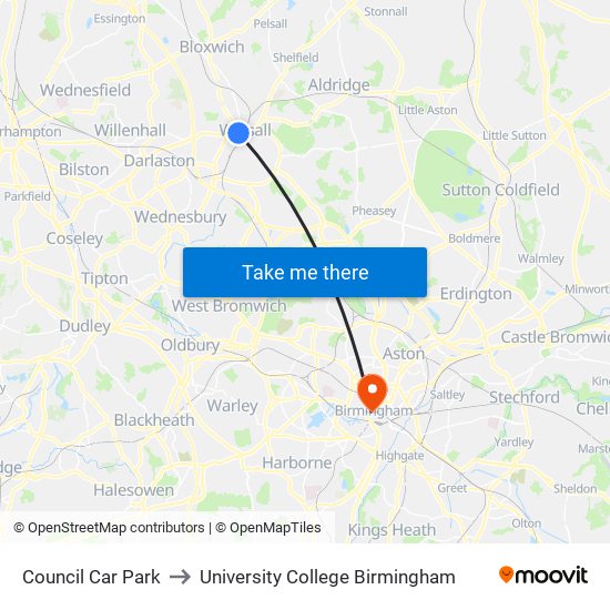 Council Car Park to University College Birmingham map