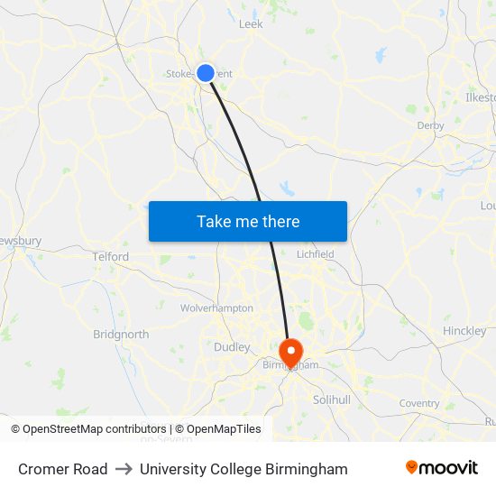 Cromer Road to University College Birmingham map
