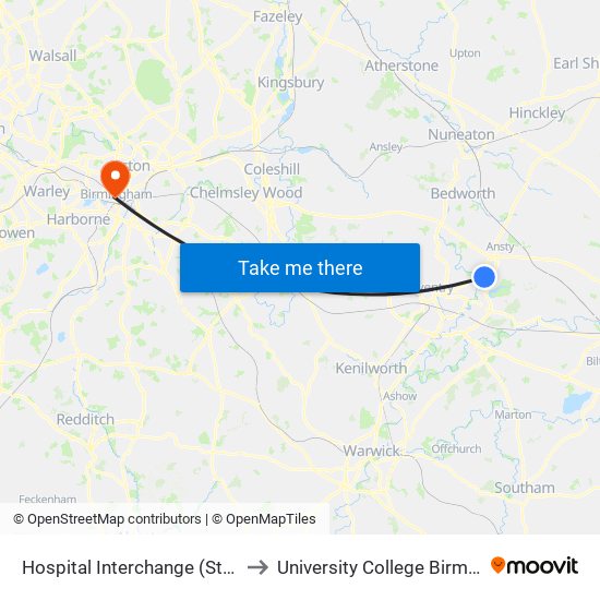 Hospital Interchange (Stop Uh9) to University College Birmingham map