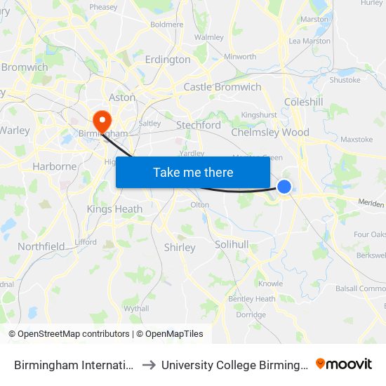 Birmingham International to University College Birmingham map