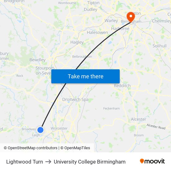 Lightwood Turn to University College Birmingham map