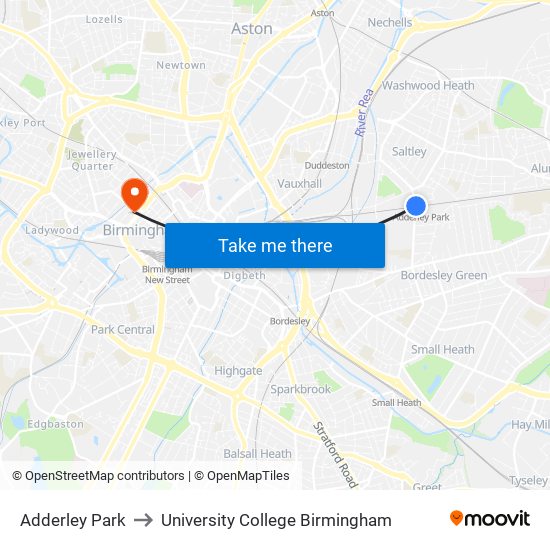 Adderley Park to University College Birmingham map