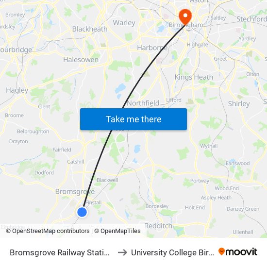 Bromsgrove Railway Station (Stand A) to University College Birmingham map