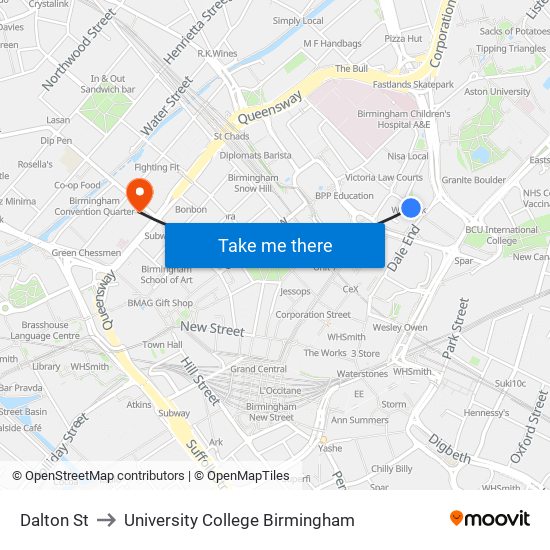 Dalton St to University College Birmingham map
