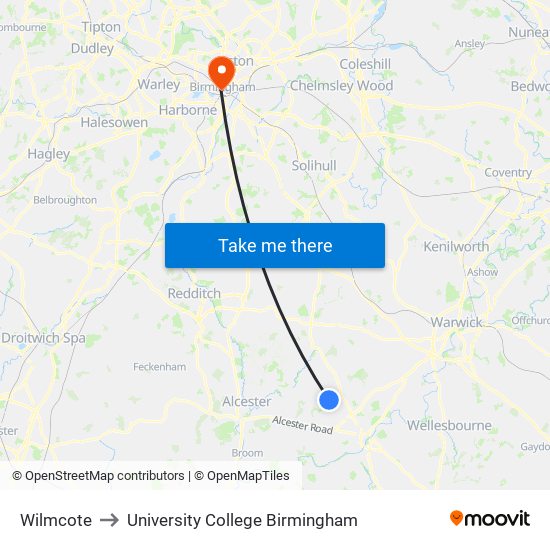 Wilmcote to University College Birmingham map