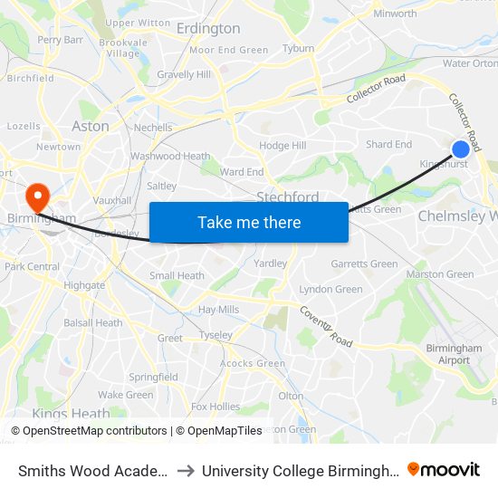 Smiths Wood Academy to University College Birmingham map