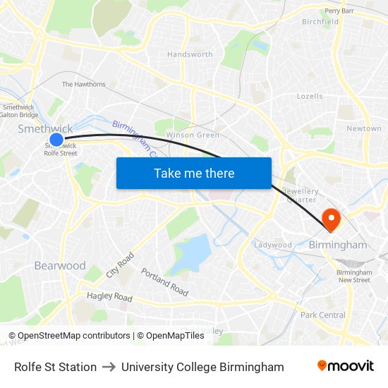 Rolfe St Station to University College Birmingham map