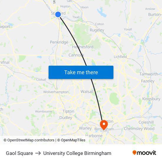 Gaol Square to University College Birmingham map