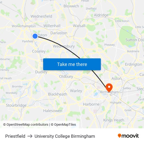 Priestfield to University College Birmingham map