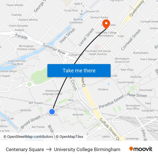 Centenary Square to University College Birmingham map