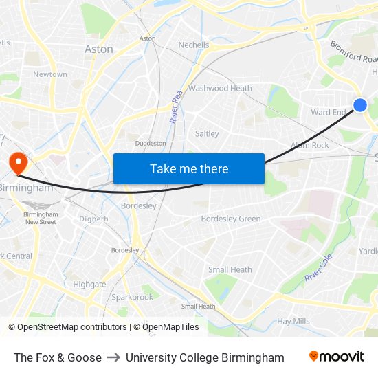 The Fox & Goose to University College Birmingham map